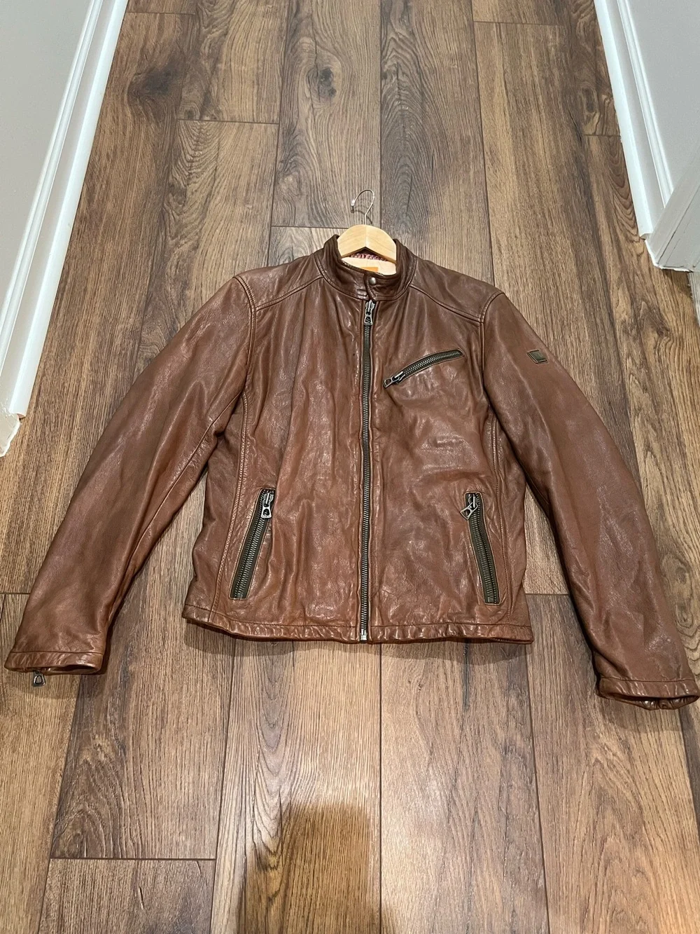 Hugo Boss Orange Julino Brown Leather Moto Jacket Mens 38R M Cafe Racer Full Zip